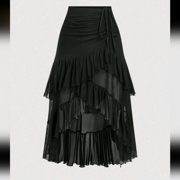 Black Tiered Ruffle Asymmetrical Hem Drawstring Skirt